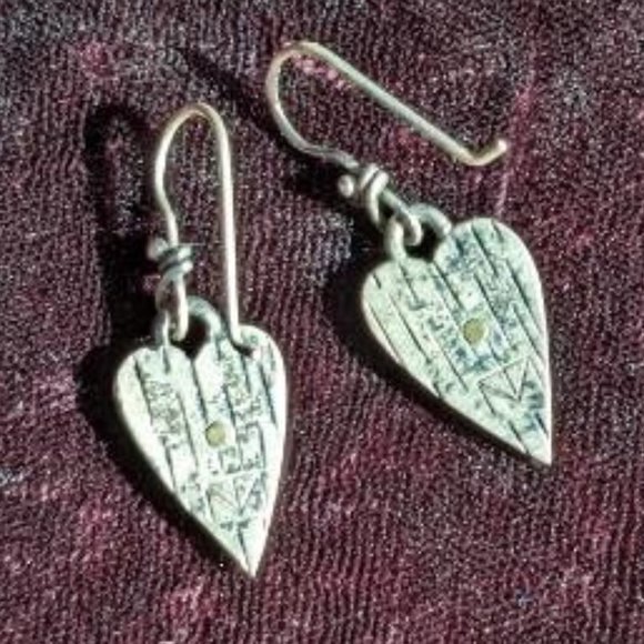Mixed metal heart dangle earrings, dimensional, sterling wires, designer quality - Picture 5 of 6